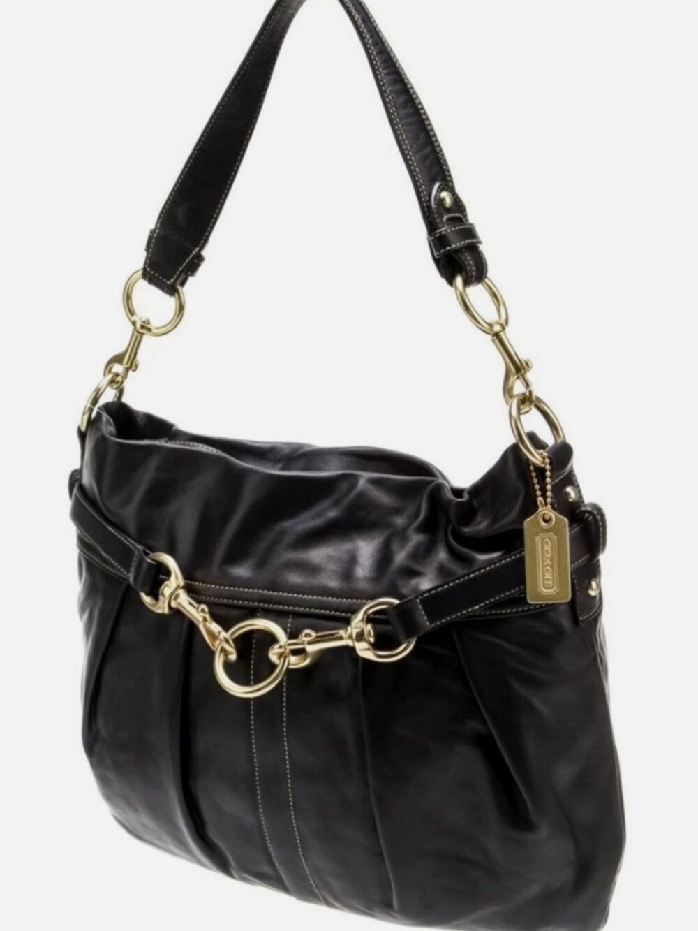 Vintage Coach Hampton Shoulder Bag Pleated Leather Black 8B15 Zipper Gold Charm